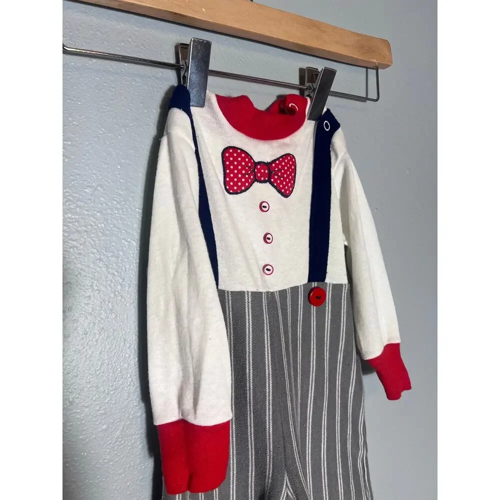 Doe Spun Vintage Baby One Piece 18 Months Stripe Pant Bow Tie Buttons Suspenders